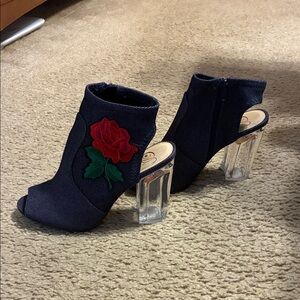 Diva Navy Peep-Toe Ankle Booties with Red Rose Patch